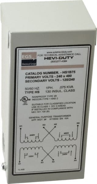 Sola/Hevi-Duty HS1B75 1 Phase, 240-480 Volt Input, 120/240 Volt Output, 60 Hz, 0.08 kVA, General Purpose Transformer 