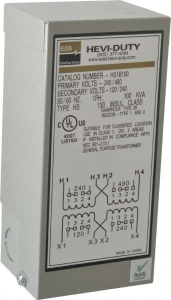 Sola/Hevi-Duty HS1B100 1 Phase, 240-480 Volt Input, 120/240 Volt Output, 60 Hz, 0.1 kVA, General Purpose Transformer 