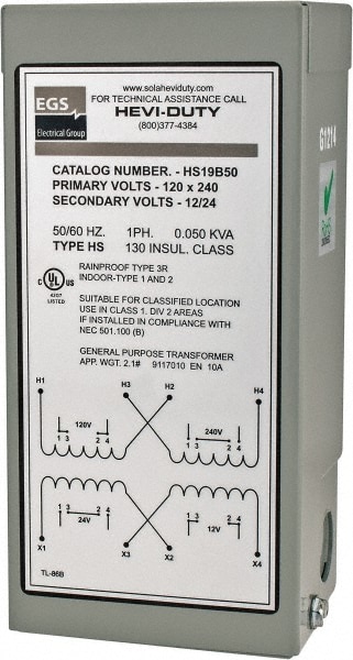 Sola/Hevi-Duty HS19B50 120/240 Input Volt, 12/24 Output Volt, 60 Hz, Buck Boost Transformer 