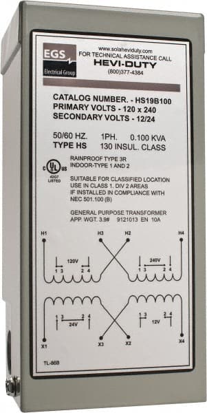 Sola/Hevi-Duty HS19B100 120/240 Input Volt, 12/24 Output Volt, 60 Hz, Buck Boost Transformer 