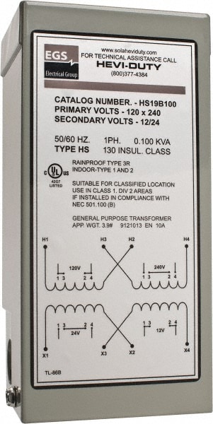 Sola/Hevi-Duty HS19B100 120/240 Input Volt, 12/24 Output Volt, 60 Hz, Buck Boost Transformer Image