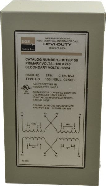 Sola/Hevi-Duty HS19B150 120/240 Input Volt, 12/24 Output Volt, 60 Hz, Buck Boost Transformer 