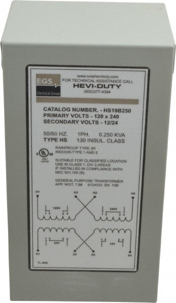 120/240 Input Volt, 12/24 Output Volt, 60 Hz, Buck Boost Transformer