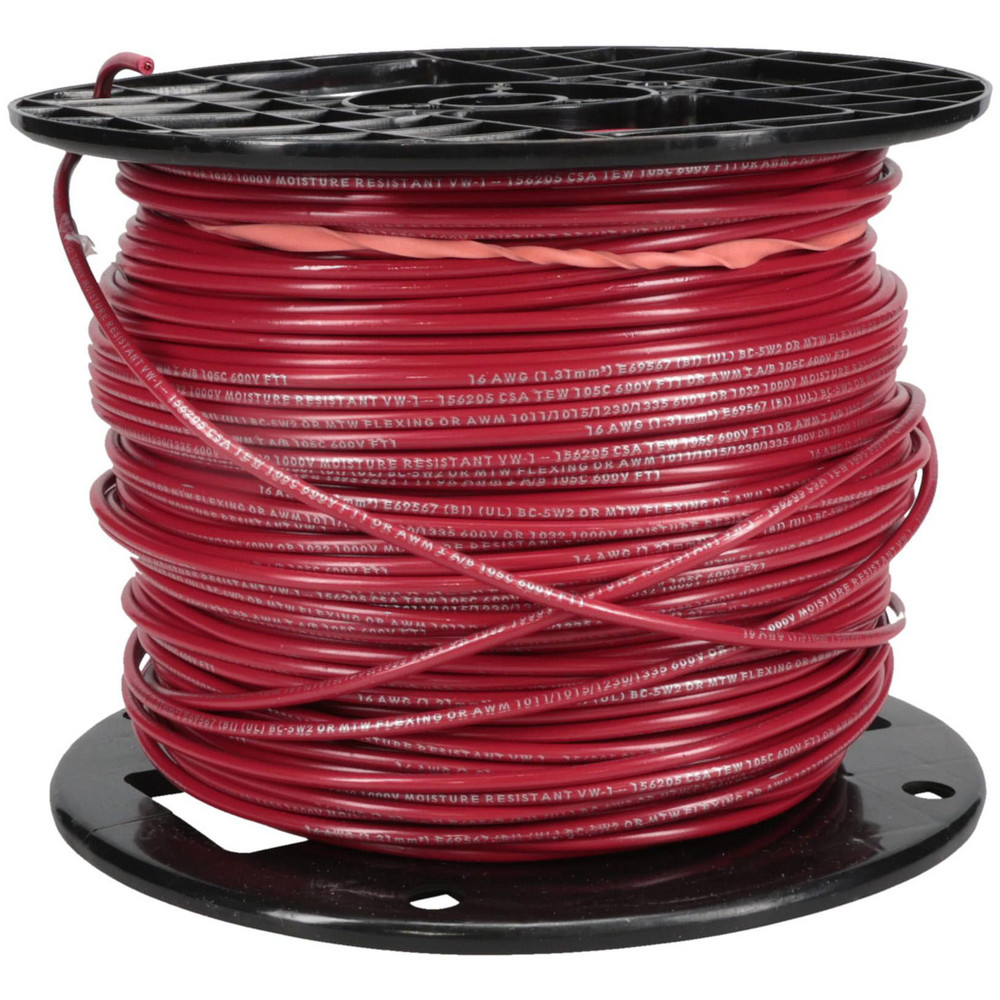 Machine Tool Wire: 16 AWG, Red, 500' Long, Polyvinylchloride, 0.12" OD - 221 &deg; F Max, 26 Strands
