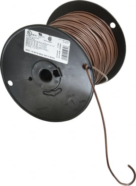 Machine Tool Wire: 14 AWG, Brown, 500' Long, Polyvinylchloride, 0.136" OD