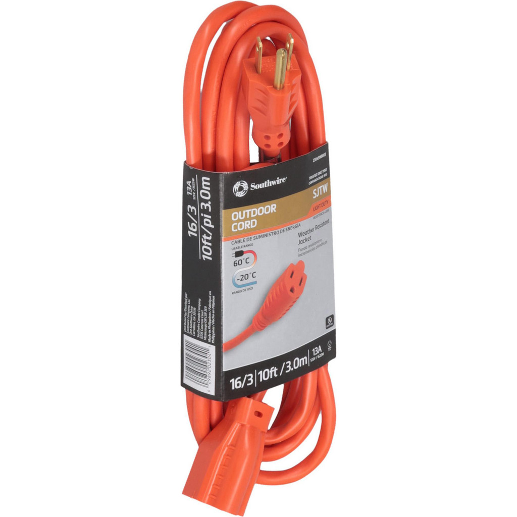 Southwire Extension Cord: 16/3 10' Long, Orange, Indoor & Outdoor - 1 Receptacle, 13 A, 125 V, UL SJTW, NEMA 5-15P & 5-15R | Part #2304SW8803