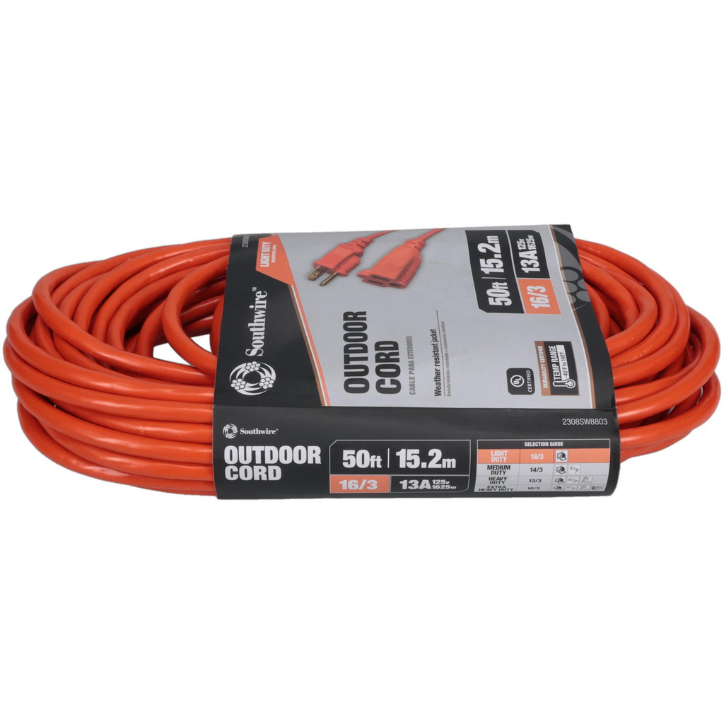Southwire Extension Cord: 16/3 50' Long, Orange, Indoor & Outdoor - 1 Receptacle, 13 A, 125 V, UL SJTW, NEMA 5-15P & 5-15R | Part #2308SW8803