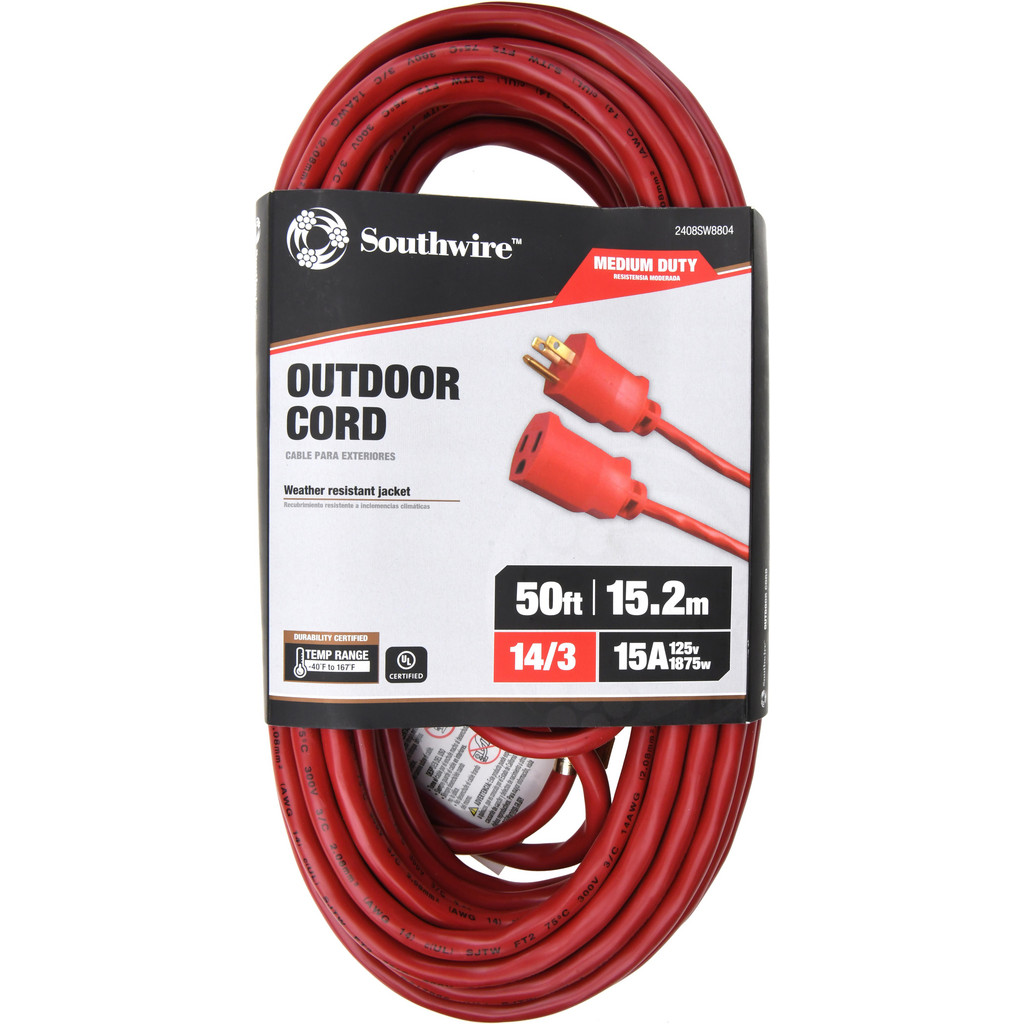 Southwire Extension Cord: 14/3 50' Long, Red, Indoor & Outdoor - 1 Receptacle, 15 A, 125 V, UL SJTW, NEMA 5-15P & 5-15R | Part #2408SW8804