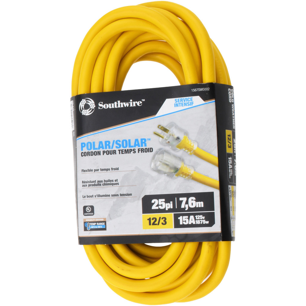Southwire | Polar Solar Extension Cord: 14/3 25' Long, Yellow, Outdoor - 1 Receptacle, 15 A, 125 V, UL SEOOW, NEMA 5-15P & 5-15R | Part #1567SW0002