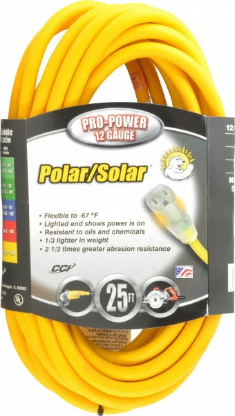 25', 12/3 Gauge/Conductors, Yellow Outdoor Extension Cord - 1 Receptacle, 15 Amps, 125 VAC, UL SJEOOW, NEMA 5-15P, 5-15R
