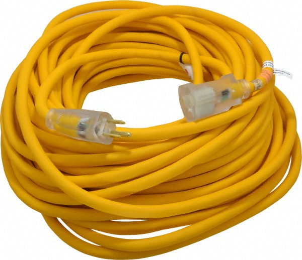 100', 12/3 Gauge/Conductors, Yellow Outdoor Extension Cord - 1 Receptacle, 15 Amps, 125 VAC, UL SJEOOW, NEMA 5-15P, 5-15R