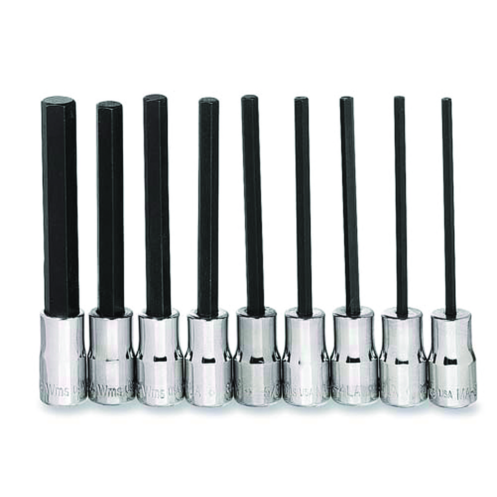 Socket Set: Hex Bit, 9 Pc, 1/4" Drive - 6 Point, Chrome