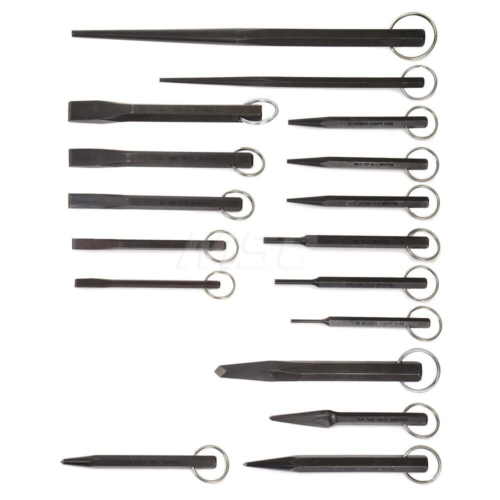 Chisel & Punch Sets; Type: Punch & Chisel Set ; Number of Pieces: 17 ; Style: Pin Punch; Taper Punch; Solid Punch; Prick Punch; Center Punch; Cape Chisel; Diamond Point Chisel; Cold Chisel