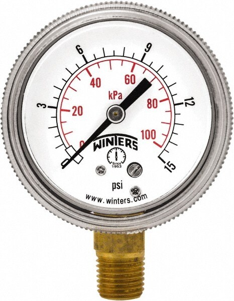 Pressure Gauge: 2" Dial, 1/4" Thread, NPT, Bottom Mount