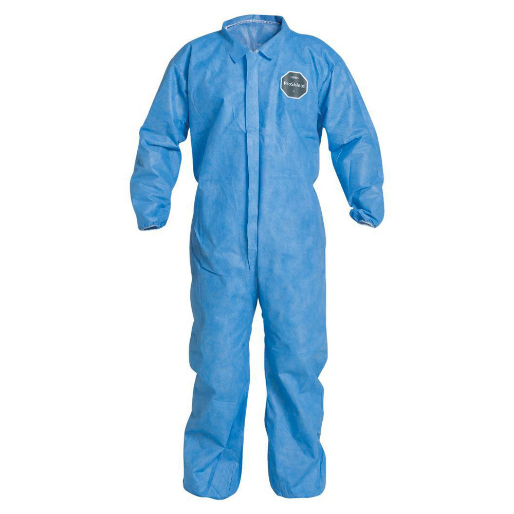 Disposable Coveralls: Liquid & Splash Protection, Size 4X-Large, 1.3000 oz, ProShield 10 PB125SBU - Zipper & Stormflaps Closure,  Blue,  Serged Seam, Elastic Cuff, Elastic Ankle, ISO Class Non-Cleanroom