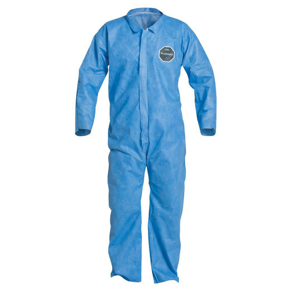 Disposable Coveralls: Liquid & Splash Protection, Size Large, 1.3000 oz, ProShield 10 PB120SBU - Zipper Closure,  Blue,  Serged Seam, Open Cuff, Open Ankle, ISO Class Non-Cleanroom