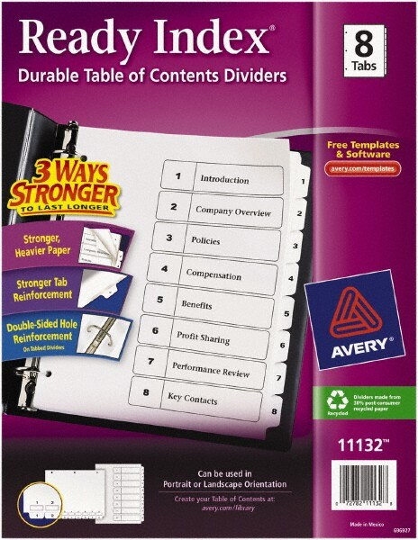 11 x 8 1/2" 1 to 8" Label, 8 Tabs, 3-Hole Punched, Preprinted Divider