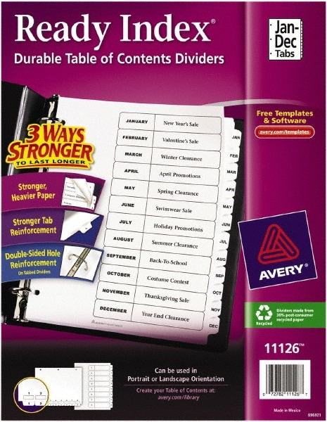 11 x 8 1/2" Jan to Dec Label, 5 Tabs, 3-Hole Punched, Preprinted Divider