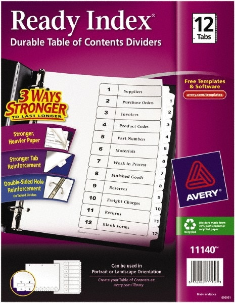 11 x 8 1/2" 1 to 12" Label, 8 Tabs, 3-Hole Punched, Preprinted Divider