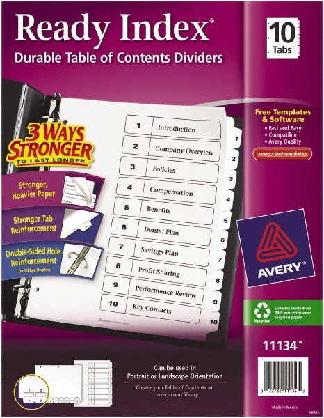 11 x 8 1/2" 1 to 10" Label, 5 Tabs, 3-Hole Punched, Preprinted Divider