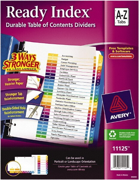 11 x 8 1/2" A to Z Label, 12 Tabs, 3-Hole Punched, Preprinted Divider