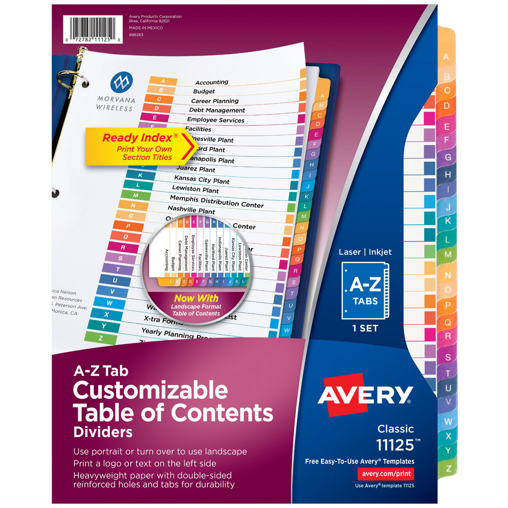 AVERY 11 x 8 1/2" A to Z Label, 12 Tabs, 3-Hole Punched, Preprinted Divider - Multicolor Tabs, White Folder | 12-Pack | Part #11125