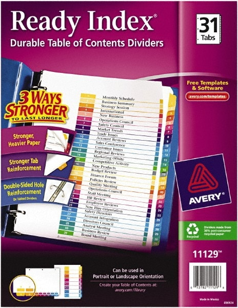 11 x 8 1/2" 1 to 31" Label, 15 Tabs, 3-Hole Punched, Preprinted Divider