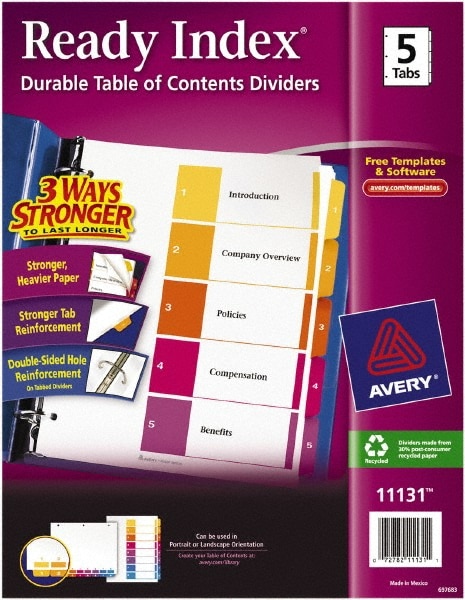 11 x 8 1/2" 1 to 5" Label, 25 Tabs, 3-Hole Punched, Preprinted Divider