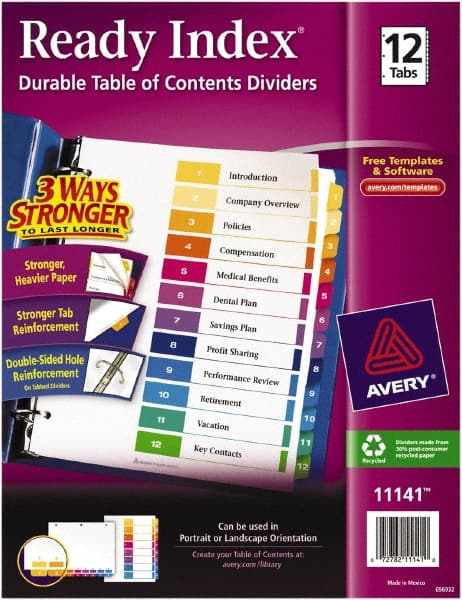 11 x 8 1/2" 1 to 12" Label, 10 Tabs, 3-Hole Punched, Preprinted Divider