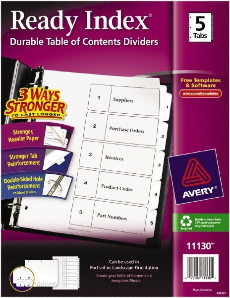 11 x 8 1/2" 1 to 5" Label, 5 Tabs, 3-Hole Punched, Preprinted Divider
