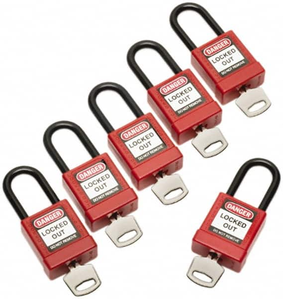Ability One 5340016502636 Lockout Padlock: Keyed Alike, Key Retaining, Thermoplastic, Plastic Shackle, Red 