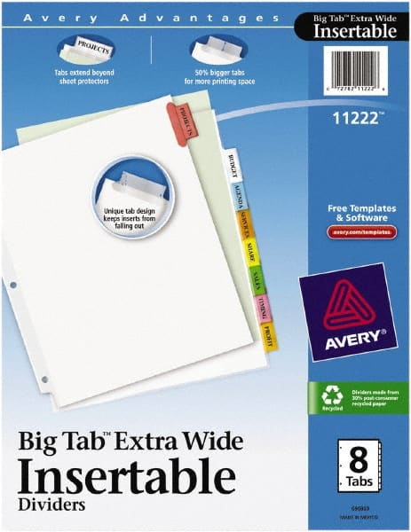 11 1/8 x 9 1/4" 1 to 8" Label, 8 Tabs, 3-Hole Punched, Customizable Divider