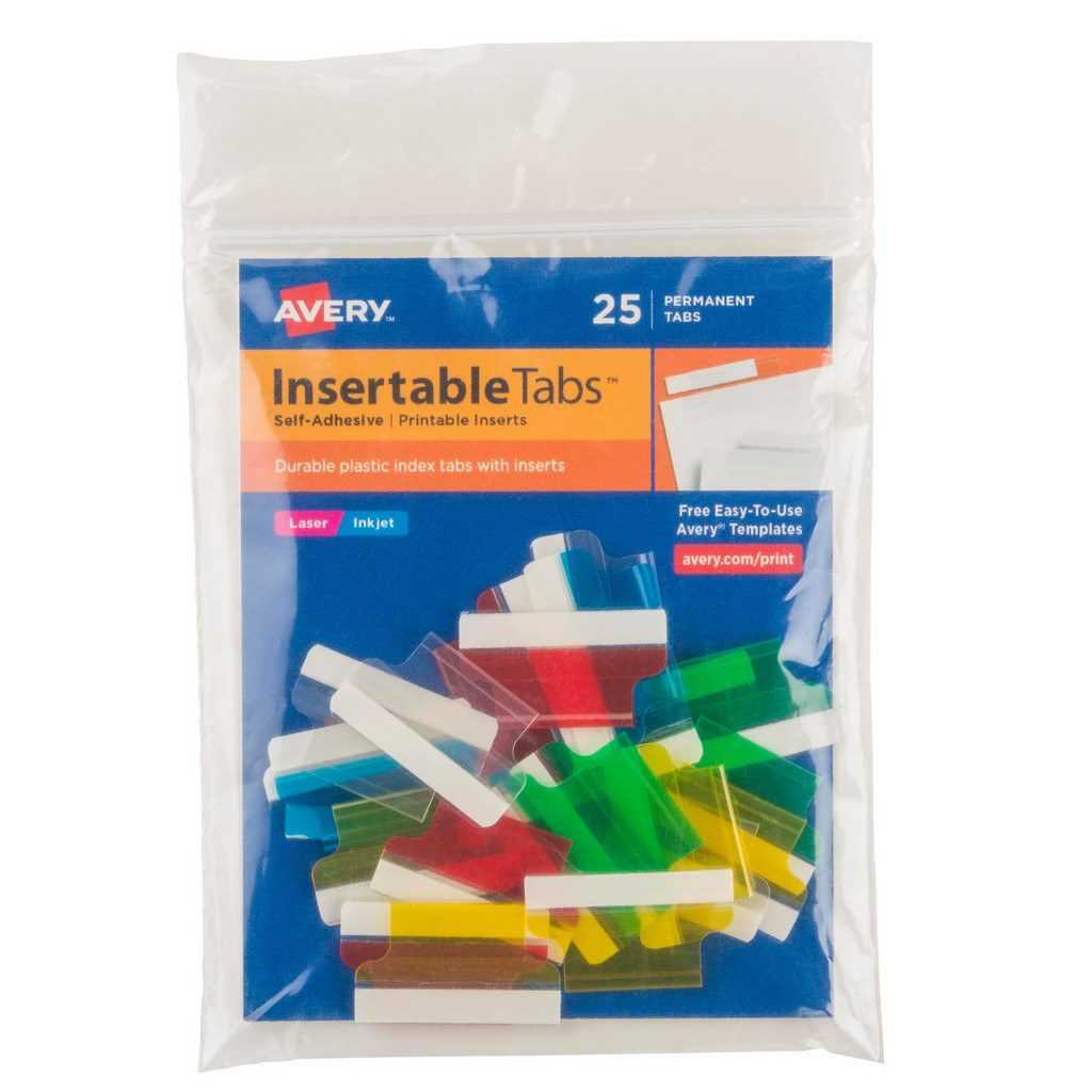 AVERY 1" 25 Tabs, Self-Adhesive, Printable Hanging File Folder Tabs - Clear, Blue, Green, Red, Yellow Tabs, Clear Folder | 2-Pack | Part #16219