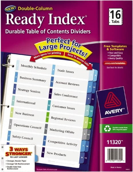 11 x 8 1/2" 1 to 16" Label, 16 Tabs, 3-Hole Punched, Preprinted Divider
