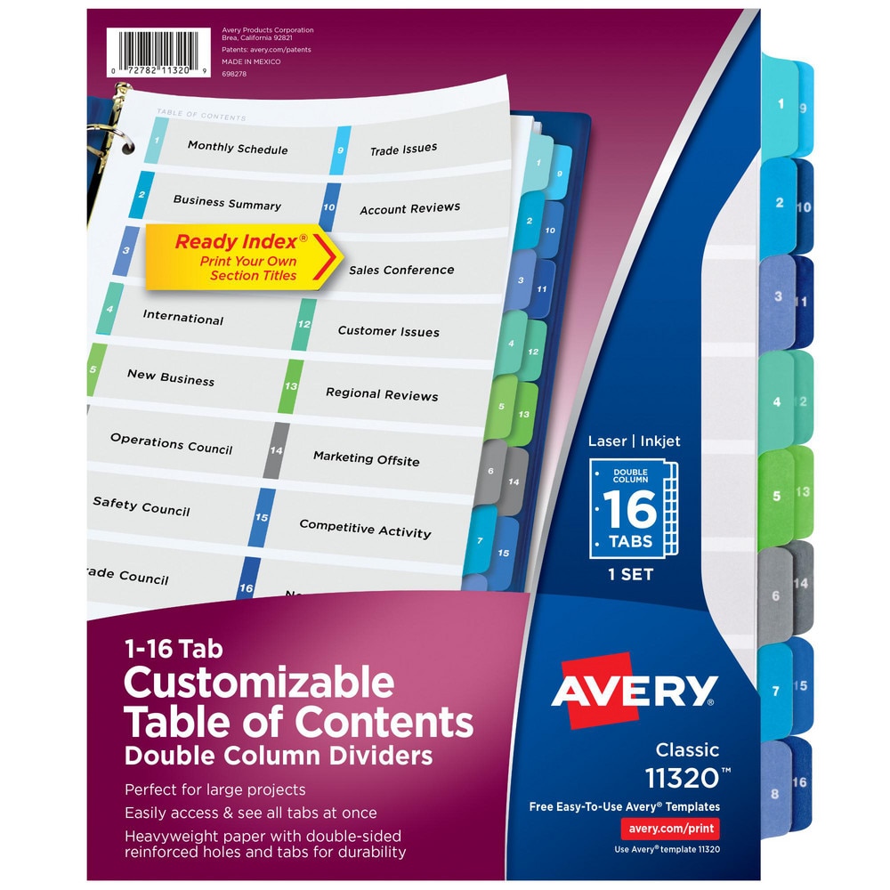 11 x 8 1/2" 1 to 16" Label, 16 Tabs, 3-Hole Punched, Preprinted Divider