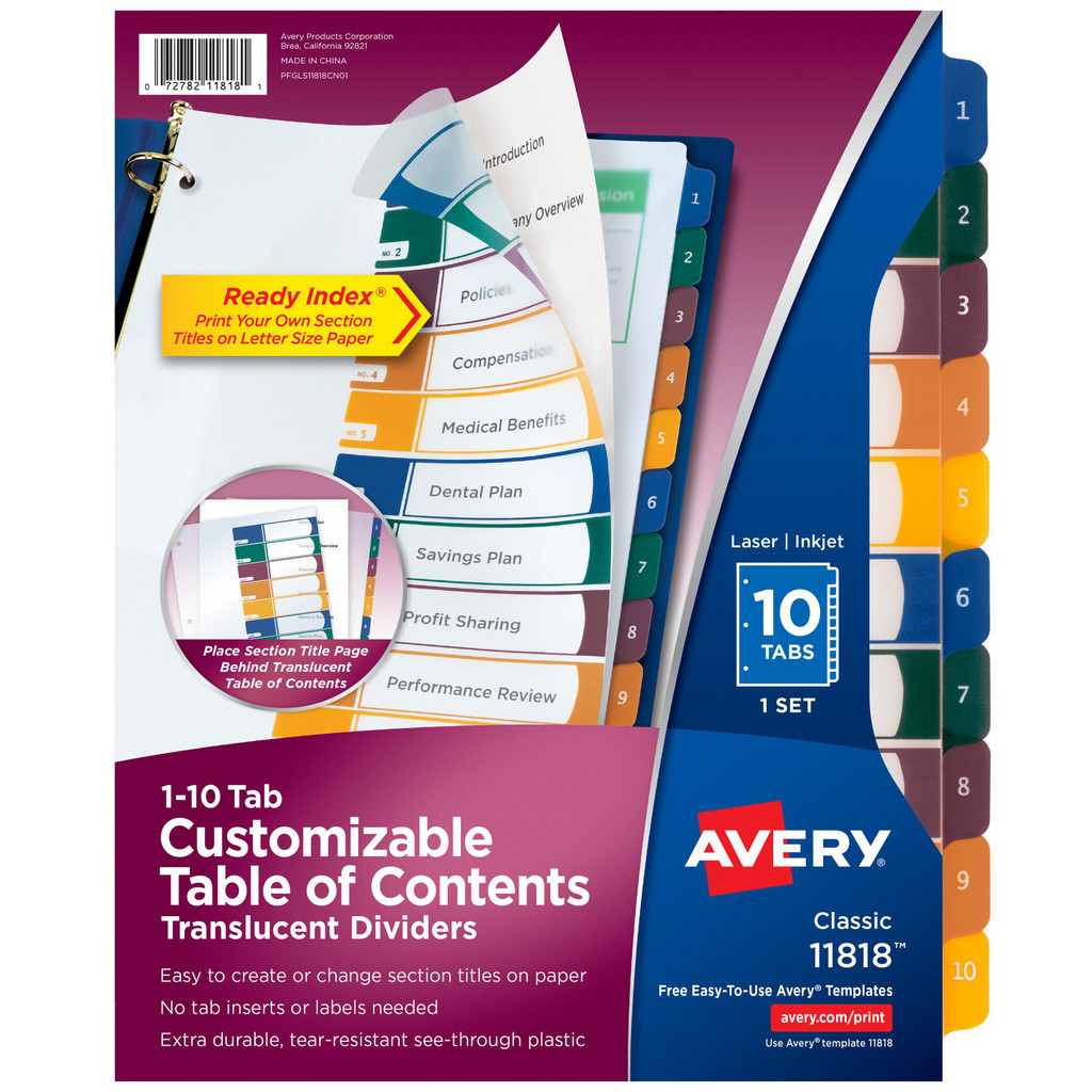AVERY 11 x 8 1/2" 1 to 10" Label, 10 Tabs, 3-Hole Punched, Preprinted Divider - Multicolor Tabs, Translucent Folder | 24-Pack | Part #11818