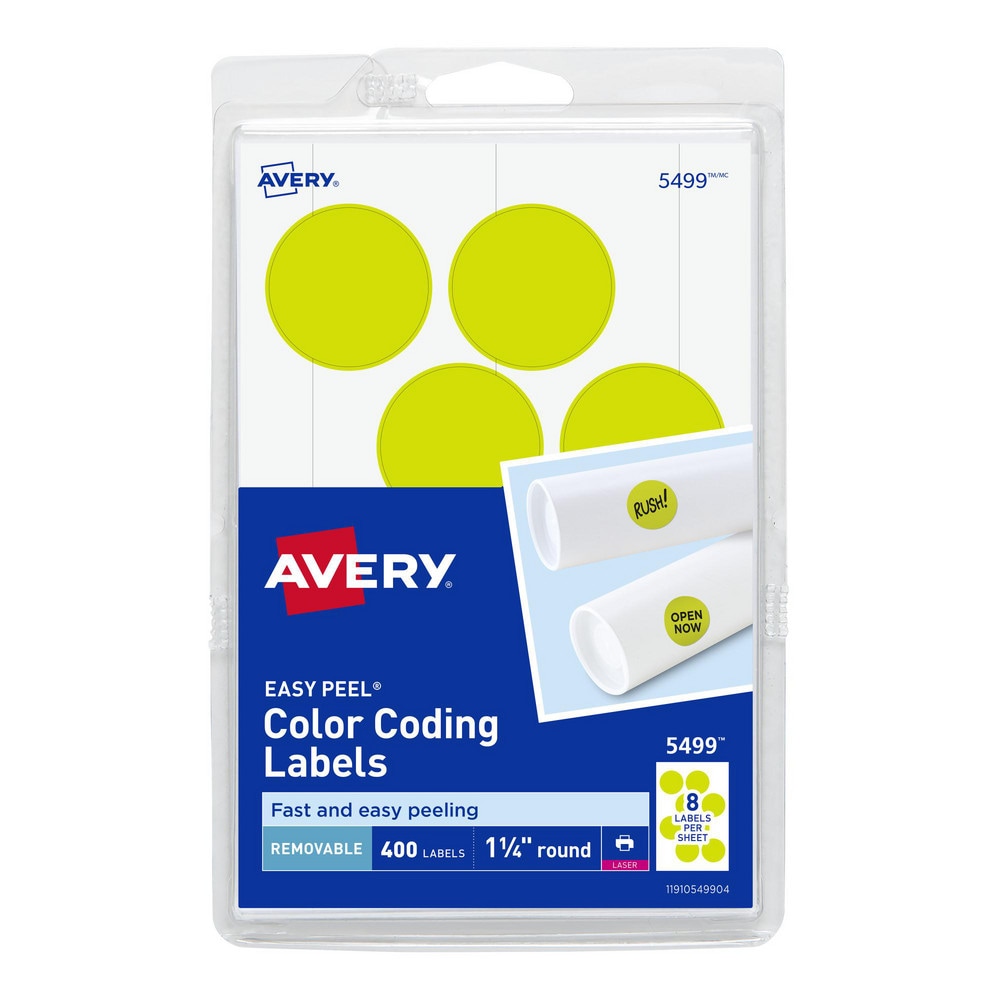 Label Maker Label: Neon Yellow, Paper, 1-1/4" OAL, 1-1/4" OAW, 400 per Roll