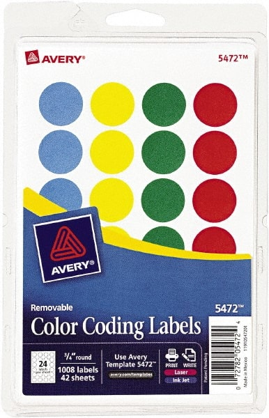 Label Maker Label: Assorted Color, Paper, 3/4" OAL, 3/4" OAW, 1,008 per Roll