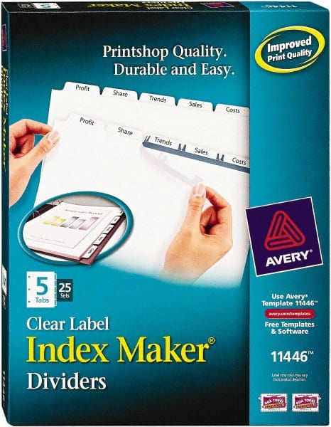 AVERY 11446 11 x 8-1/2" 5 Tabs, Three Hole Clear Plastic Reinforced Binder Holes, Tab Divider 