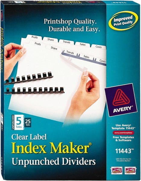 AVERY 11443 11 x 8-1/2" 5 Tabs, Unpunched Clear Plastic Reinforced, Tab Divider 