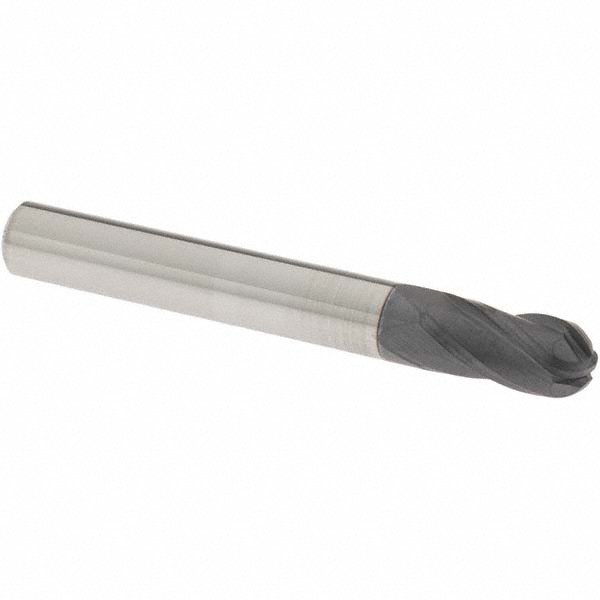 OSG Ball End Mill: 1/4" Dia, 1/2" LOC, 4 Flute, Solid Carbide - 2" OAL, 1/4" Shank Dia, 30 deg Helix, TiAlN Finish, Single End, 414BN