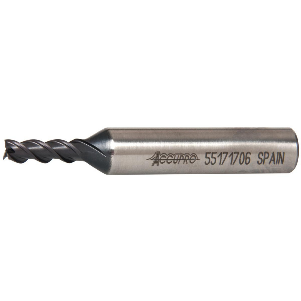 Accupro High Performance Milling Square End Mill: 3/16" Dia, 1/2" LOC - 2-3/8" OAL, 3/8" Shank Dia, 45 deg Helix, TiAlN Finish, Single End, Accupro