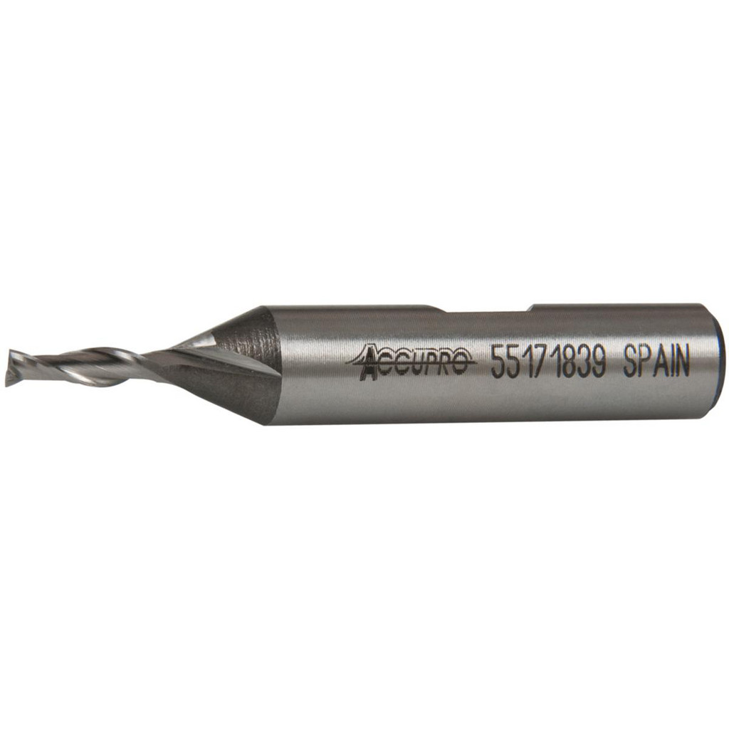 Accupro High Performance Milling Square End Mill: 1/8" Dia, 3/8" LOC - 2-5/16" OAL, 3/8" Shank Dia, 30 deg Helix, Bright/Uncoated Finish, Single End