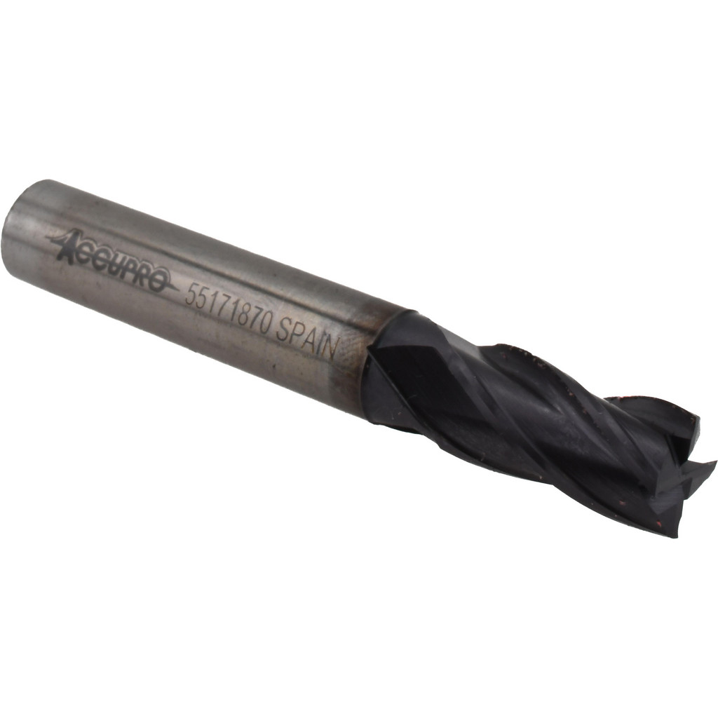 Accupro High Performance Milling Square End Mill: 3/8" Dia, 3/4" LOC - 2-1/2" OAL, 3/8" Shank Dia, 30 deg Helix, TiAlN Finish, Single End, Accupro