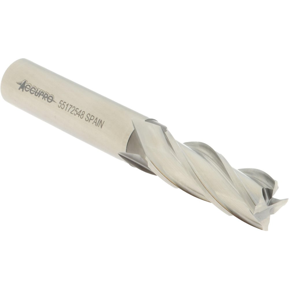 Accupro 39461 Square End Mill: 1/2 Dia, 1-1/4 LOC, 1/2 Shank Dia, 3-1/4 OAL, 4 Flutes, Powdered Metal 