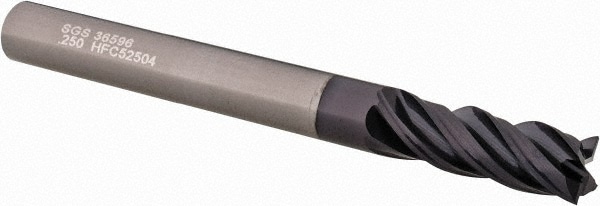 SGS 36596 Square End Mill: 1/4 Dia, 3/4 LOC, 1/4 Shank Dia, 2-1/2 OAL, 4 Flutes, Solid Carbide Image