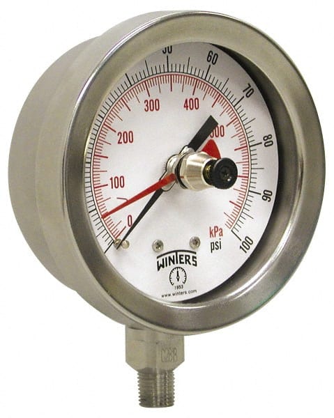 Pressure Gauge: 2-1/2" Dial, 0 to 100 psi, 1/4" Thread, NPT, Bottom Mount