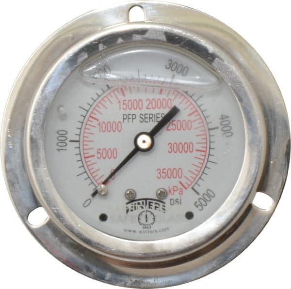 Pressure Gauge: 2-1/2" Dial, 0 to 5,000 psi, 1/4" Thread, NPT, Back Mount