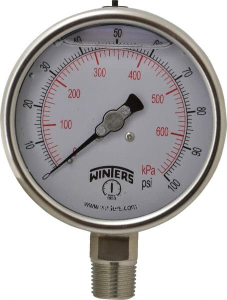 Winters PSC266--1/2-G. Pressure Gauge: 4" Dial, 0 to 100 psi, 1/2" Thread, NPT, Lower Mount 
