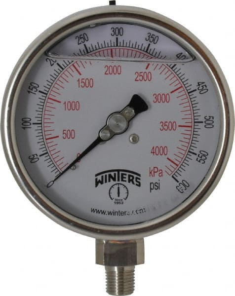 Winters PSC273G. Pressure Gauge: 4" Dial, 0 to 600 psi, 1/4" Thread, NPT, Lower Mount 